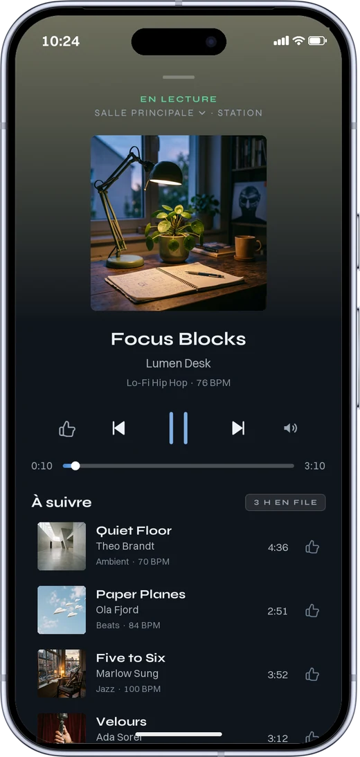 L’application MUNO en lecture, la file des titres à suivre.