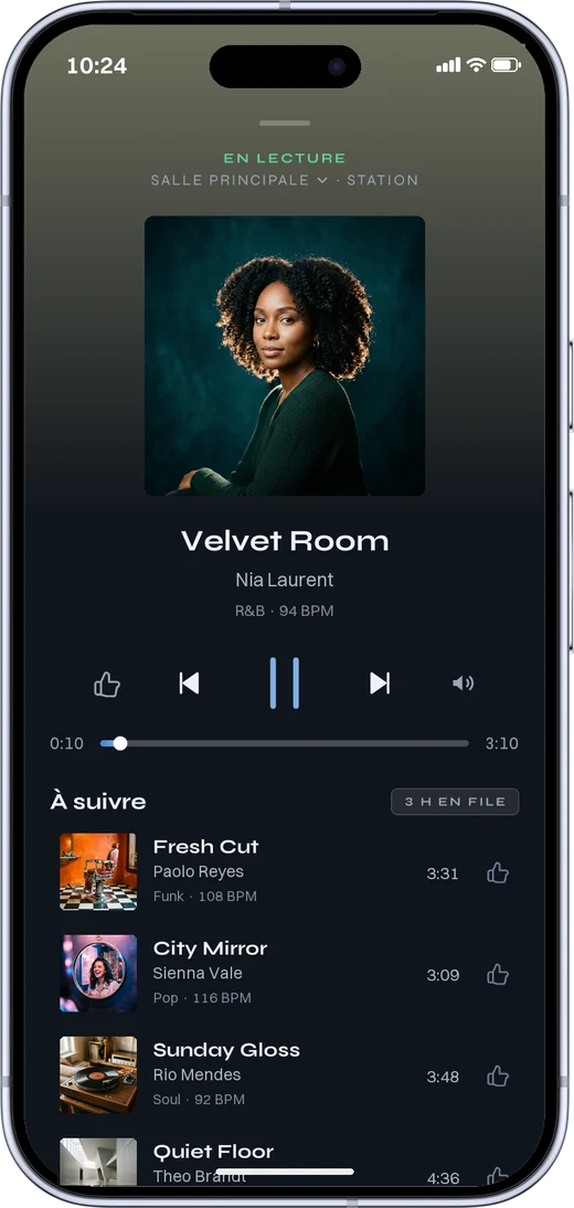 L’application MUNO en lecture, la file des titres à suivre.