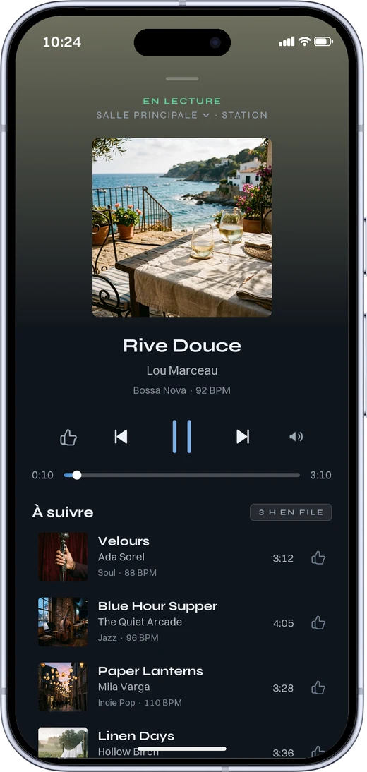 L’application MUNO en lecture, la file des titres à suivre.