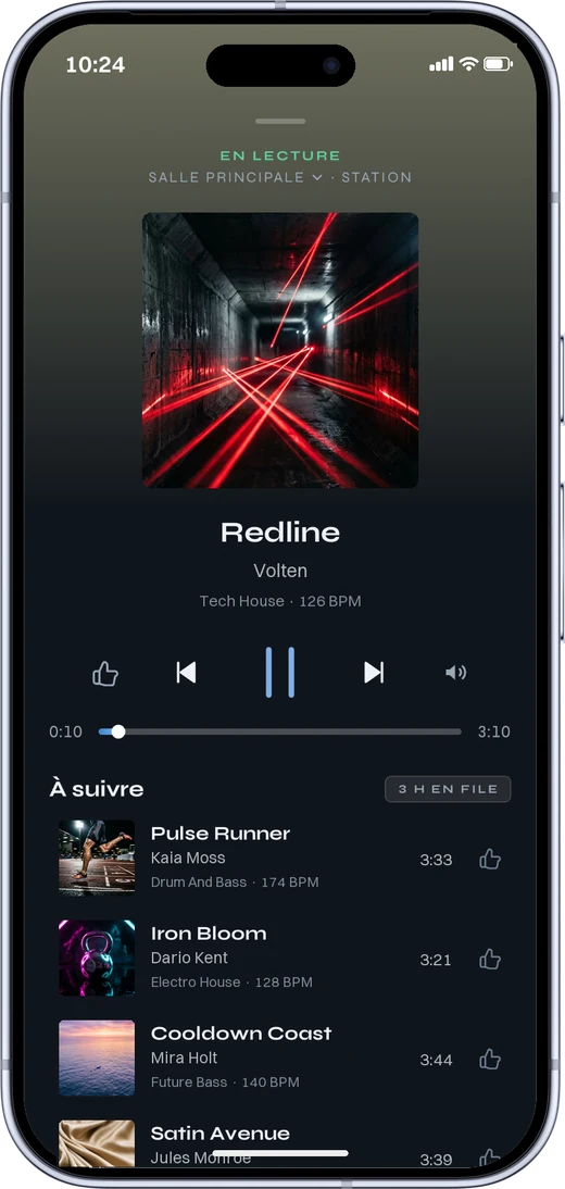 L’application MUNO en lecture, la file des titres à suivre.