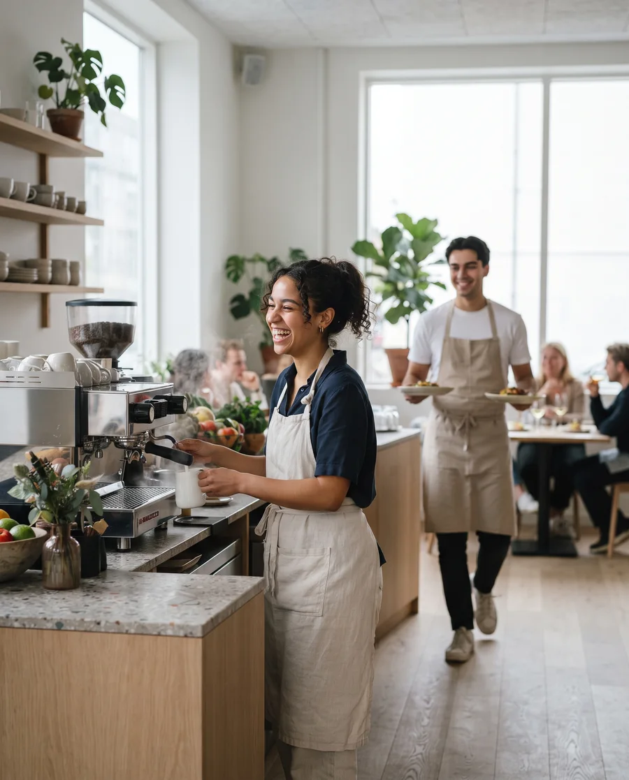 Dans un restaurant clair, une barista rit en préparant un café, un serveur passe avec deux assiettes.