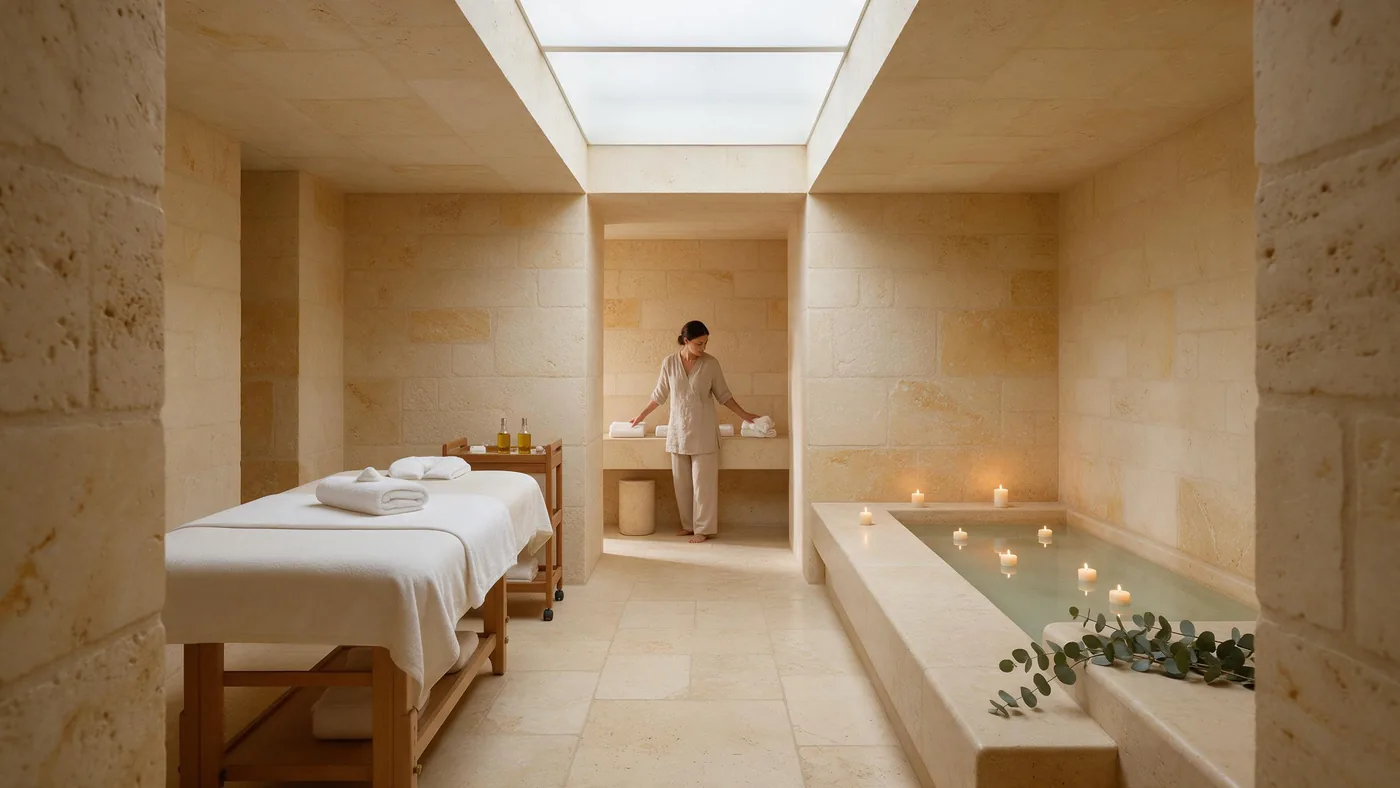 Une salle de spa en pierre blonde : une table de soin, un bassin aux bougies, une praticienne prépare les serviettes.