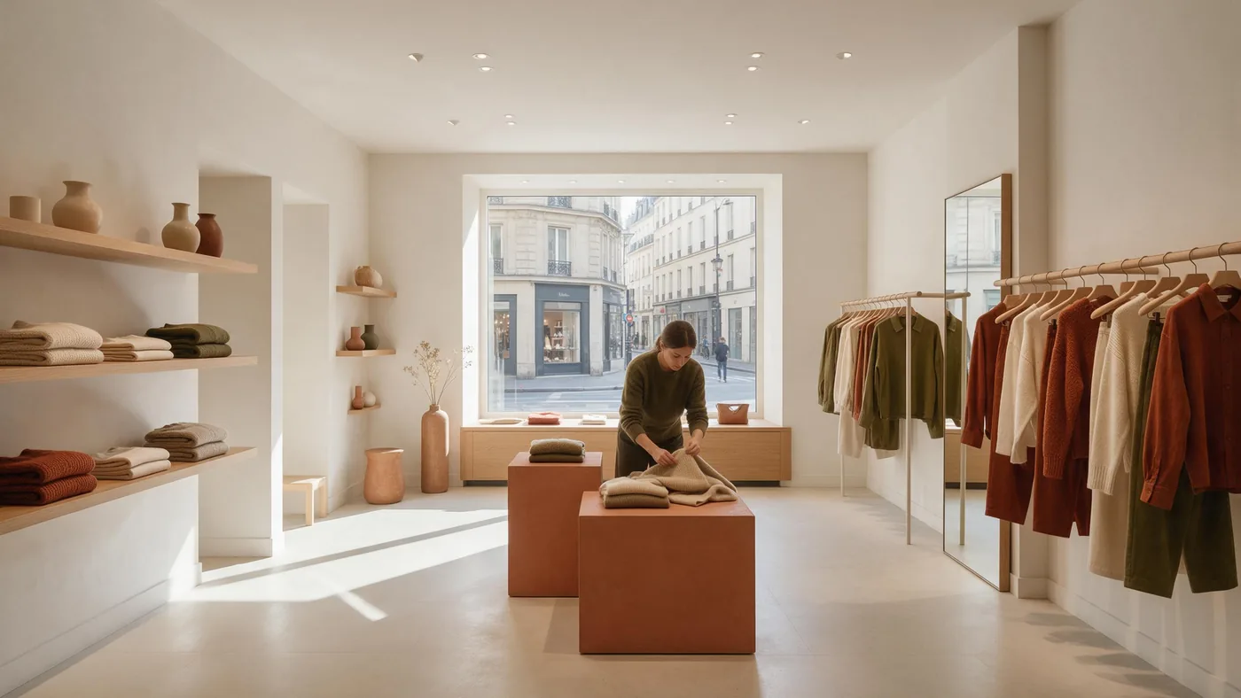 Une boutique de mode claire : une vendeuse plie un pull entre les étagères et les portants.
