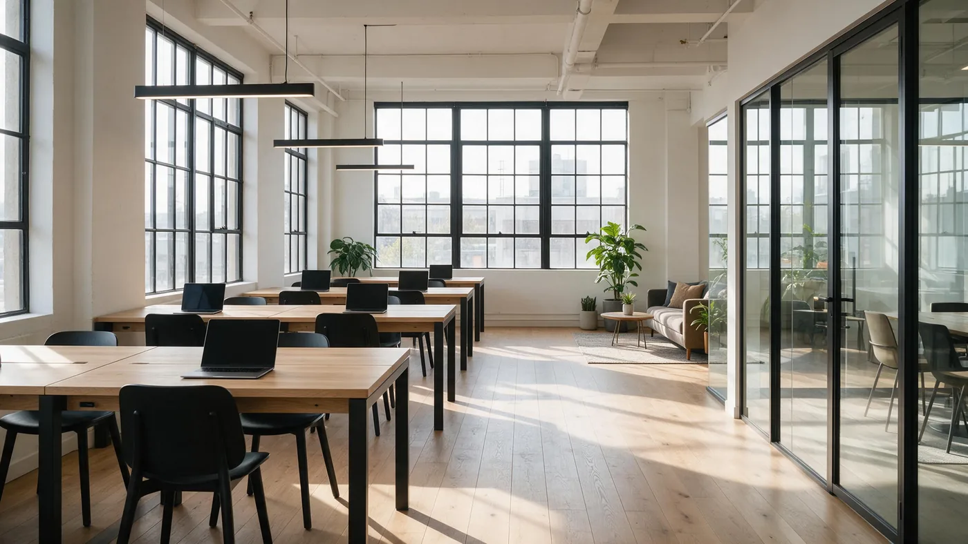 Un plateau de bureaux lumineux : rangées de bureaux en chêne, salle de réunion vitrée, grandes verrières.