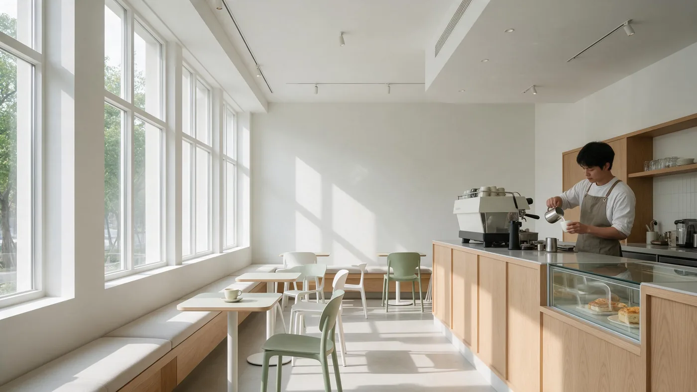 Un café lumineux le matin : grandes fenêtres, un barista prépare un café au comptoir.