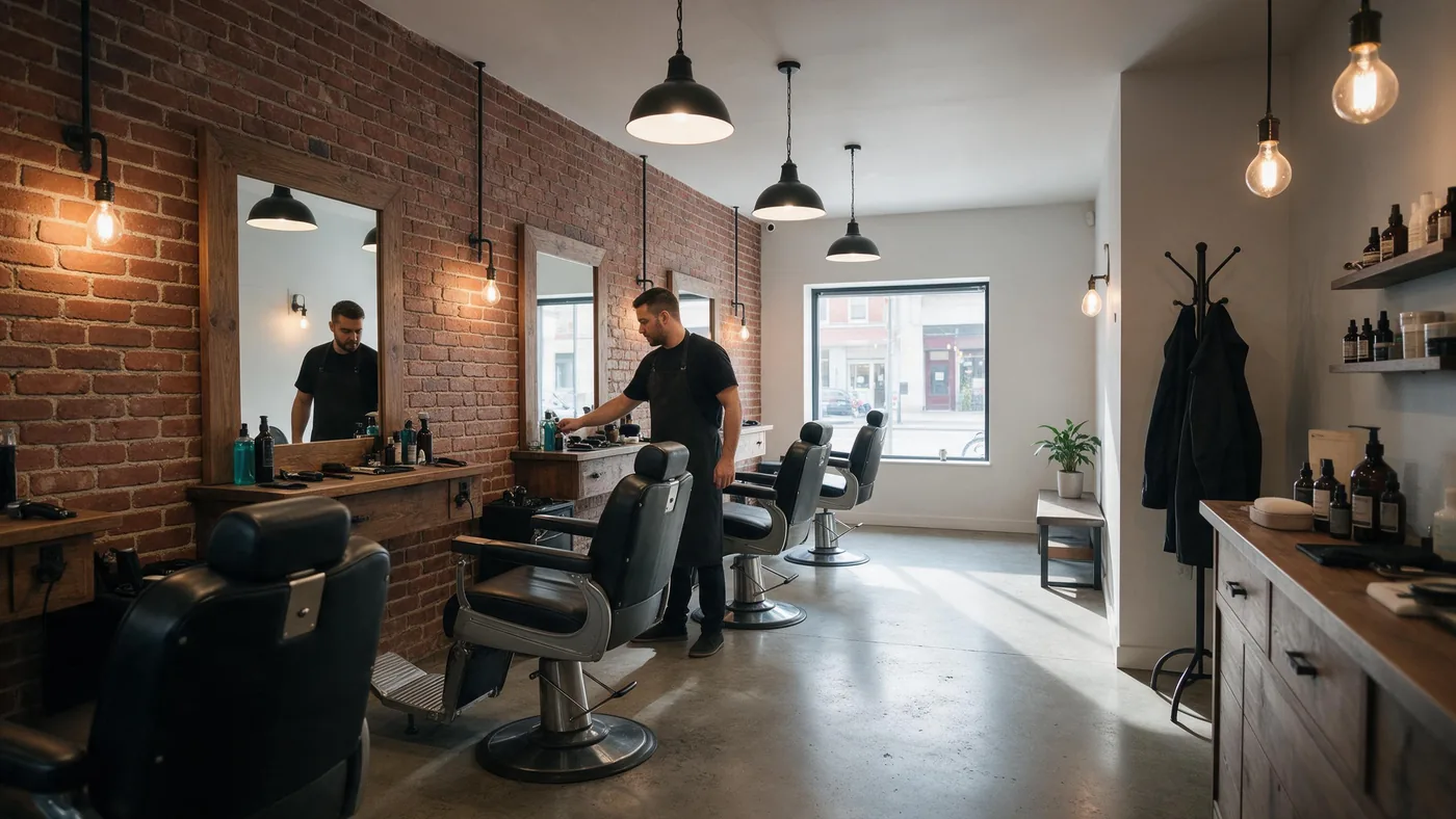 Un barbier aux murs de briques : un barbier prépare son poste, fauteuils en cuir noir.