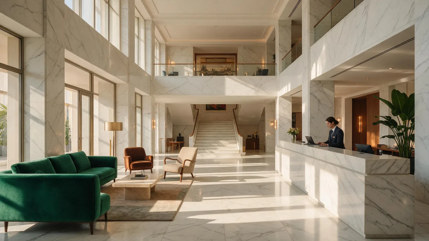 Le hall d’un hôtel en marbre blanc : un salon en velours vert, un réceptionniste au comptoir.
