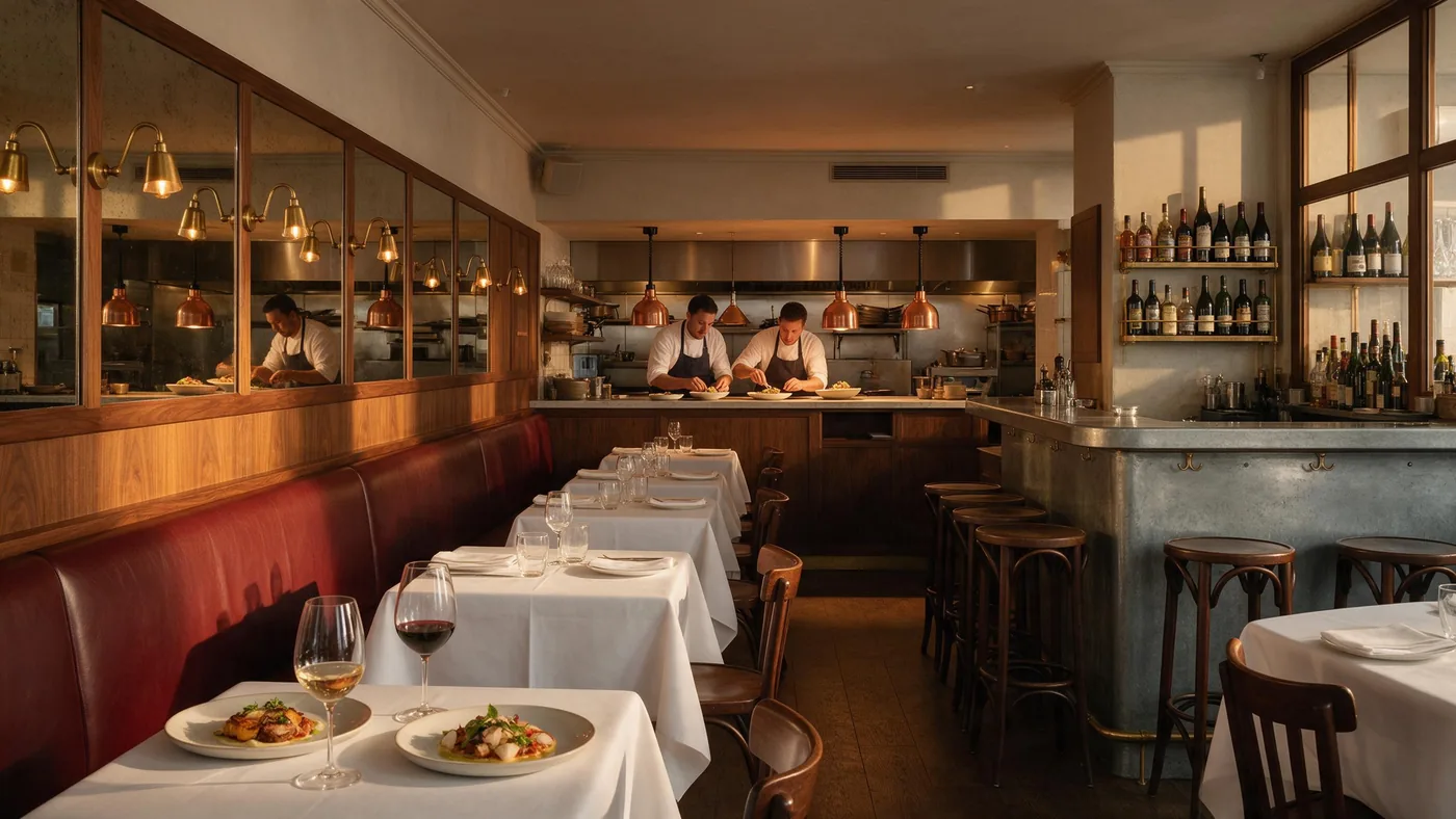 Une brasserie aux boiseries le soir : banquette rouge, comptoir en zinc, deux cuisiniers dressent en cuisine ouverte.