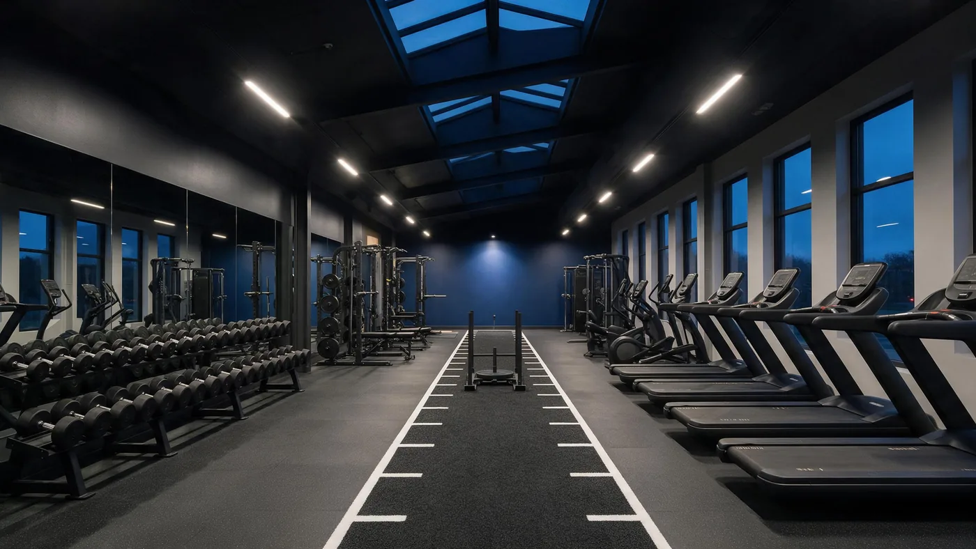 Une salle de sport au crépuscule : haltères, tapis de course face aux fenêtres, piste de gazon au centre.